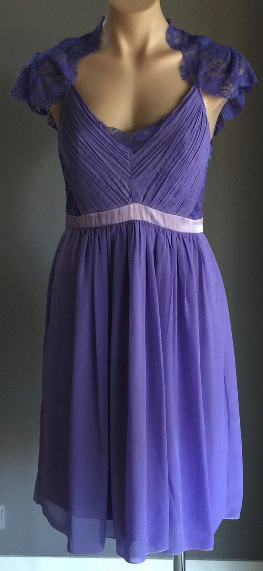1950s Purple Evening Dress Lace & Chiffon Knee Length Empire Waist Size 10