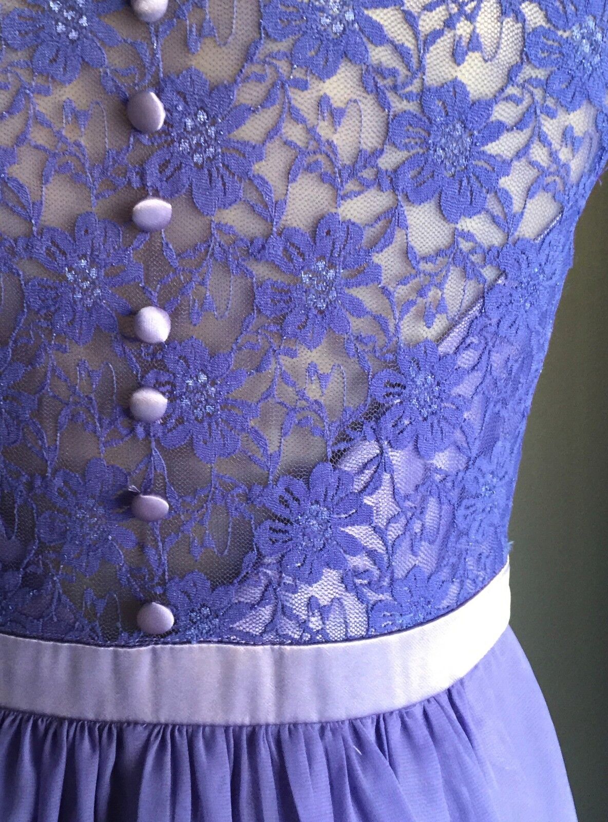 1950s Purple Evening Dress Lace & Chiffon Knee Length Empire Waist Size 10