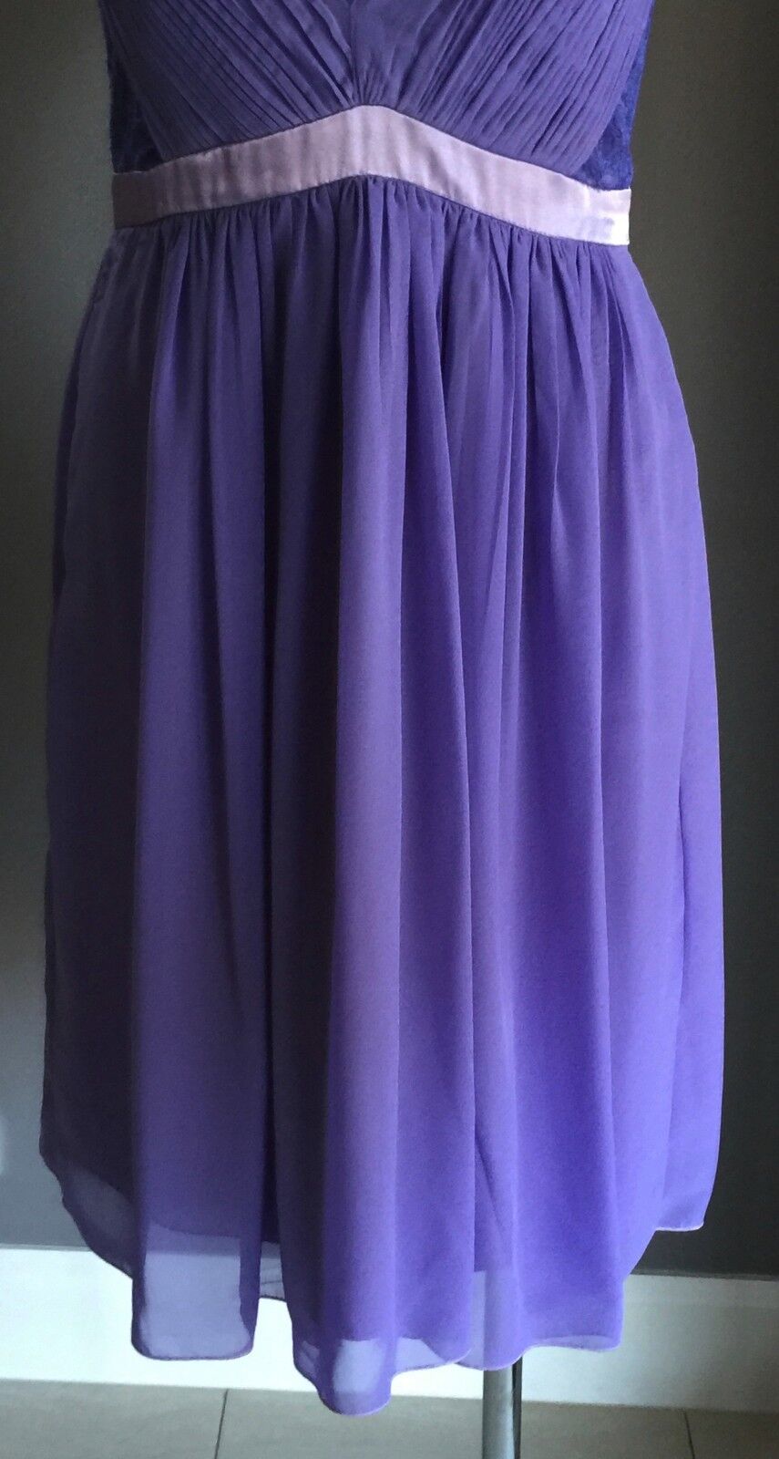 1950s Purple Evening Dress Lace & Chiffon Knee Length Empire Waist Size 10