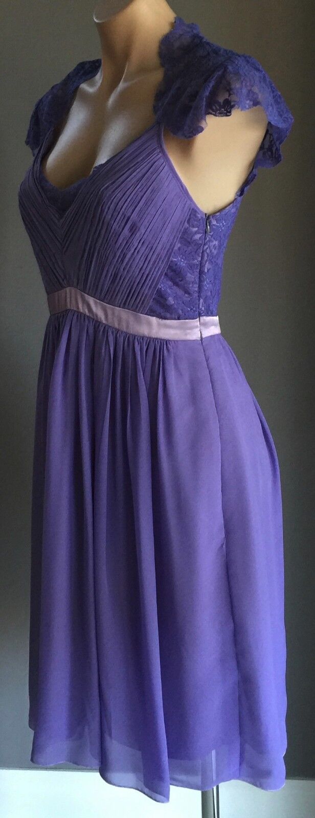 1950s Purple Evening Dress Lace & Chiffon Knee Length Empire Waist Size 10