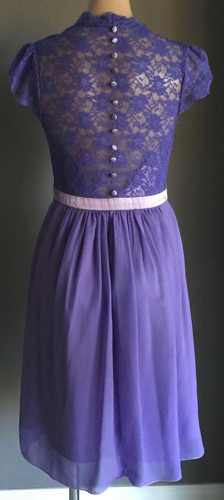 1950s Purple Evening Dress Lace & Chiffon Knee Length Empire Waist Size 10