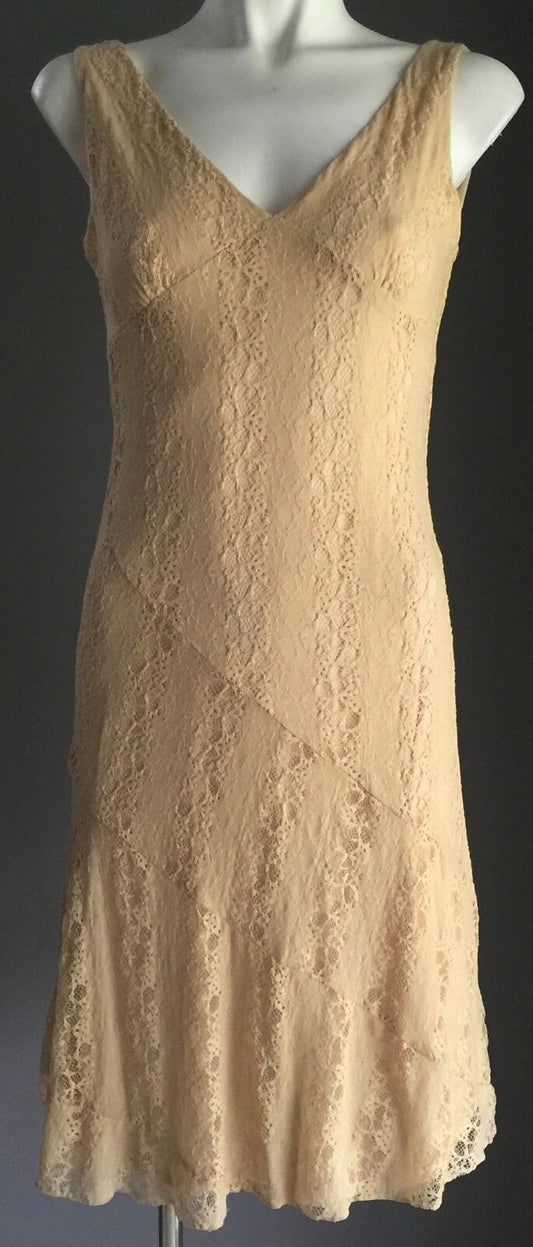 JV SELECTION Dress Gold Beige Lace Bias Cut Knee Length Size 10 Deco Inspired