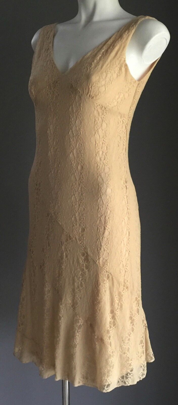JV SELECTION Dress Gold Beige Lace Bias Cut Knee Length Size 10 Deco Inspired