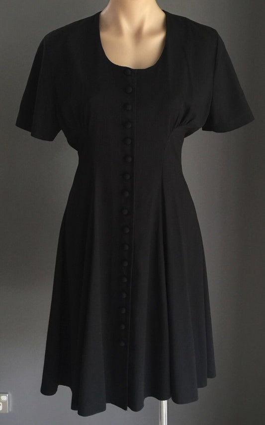 CHARLOTTE HALTON Dress Black Button Front Back Tie Knee Length Size 10 Vintage