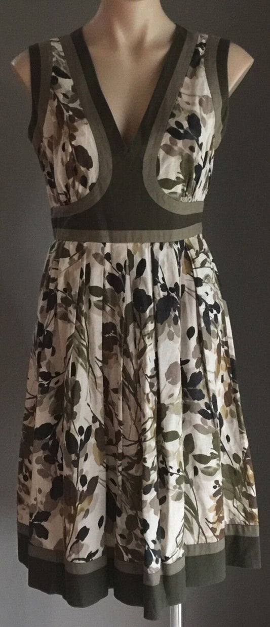 ZAMBELLI DONNA Cotton Dress Khaki Brown & Navy Floral Print Size 10 Unique