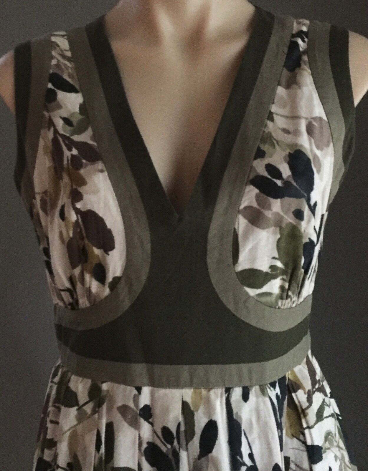 ZAMBELLI DONNA Cotton Dress Khaki Brown & Navy Floral Print Size 10 Unique