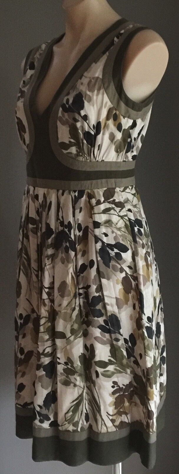 ZAMBELLI DONNA Cotton Dress Khaki Brown & Navy Floral Print Size 10 Unique