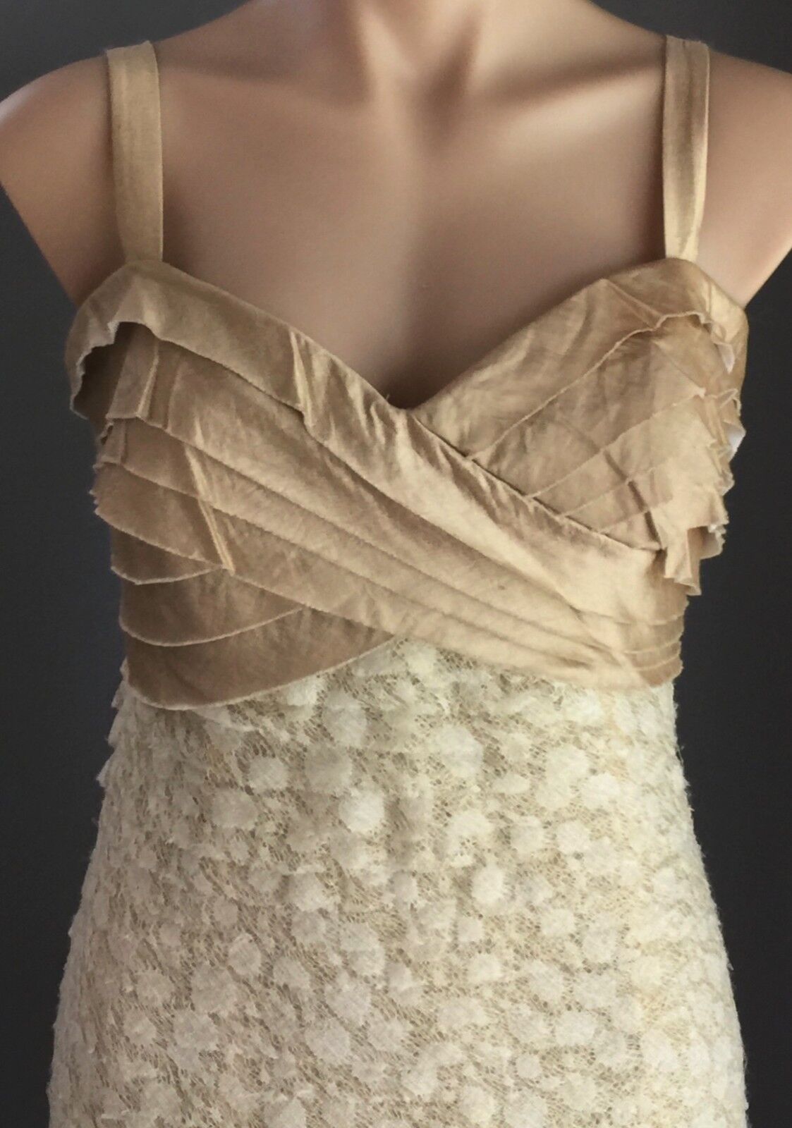 QUEENSPARK Dress Gold Layered Lace Stretch Size 10 Party Formal Cocktail NEW