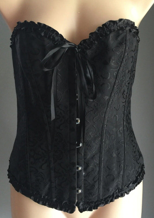 LACE UP CORSET Black Goth Bustier Lingerie Waist Cincher Jacquard Size XL 16 NEW