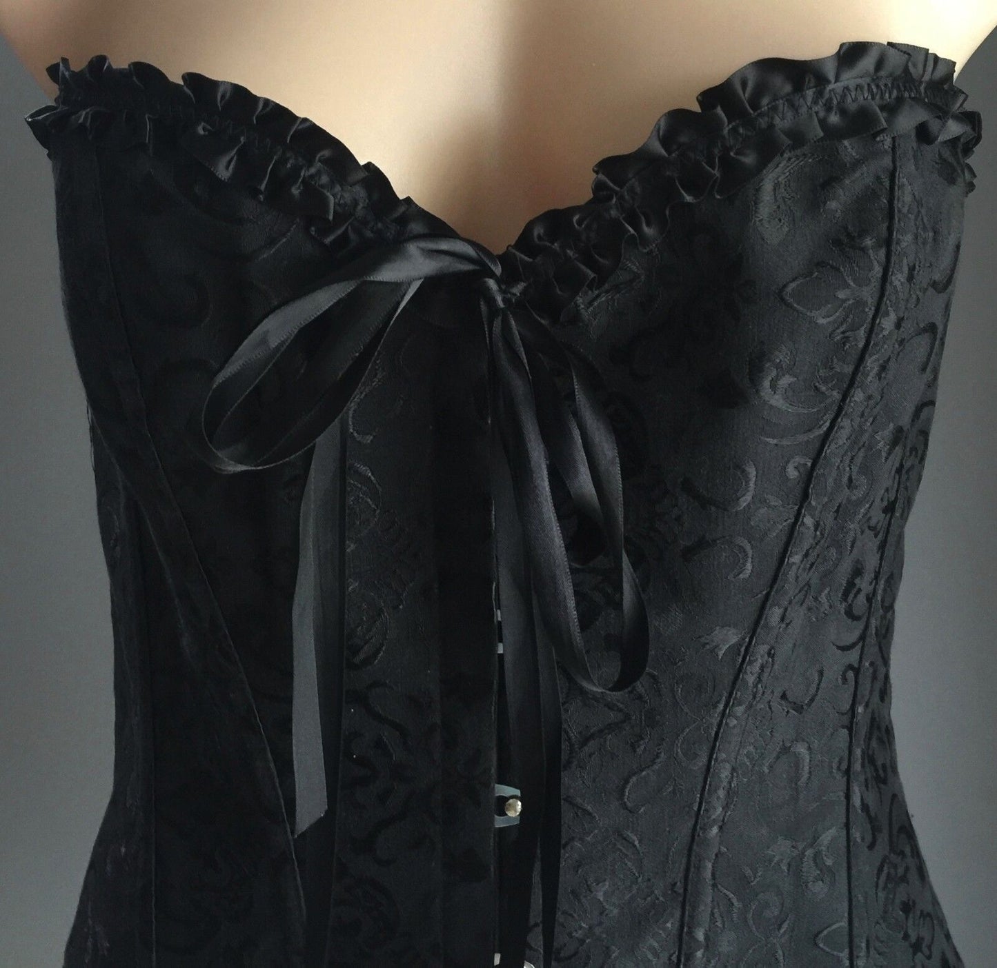 LACE UP CORSET Black Goth Bustier Lingerie Waist Cincher Jacquard Size XL 16 NEW
