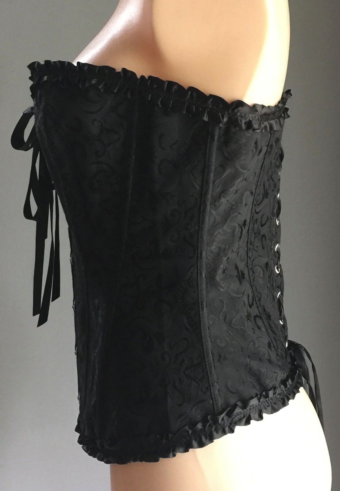 LACE UP CORSET Black Goth Bustier Lingerie Waist Cincher Jacquard Size XL 16 NEW