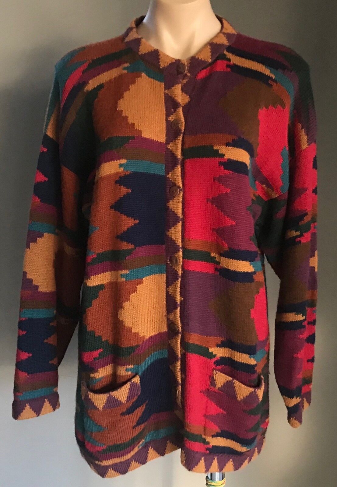 CARDIGAN Multi Colour Geometric Print Long Sleeve Sweater Size 14 16 Vintage
