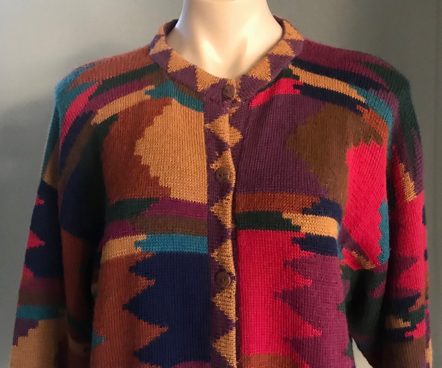 CARDIGAN Multi Colour Geometric Print Long Sleeve Sweater Size 14 16 Vintage