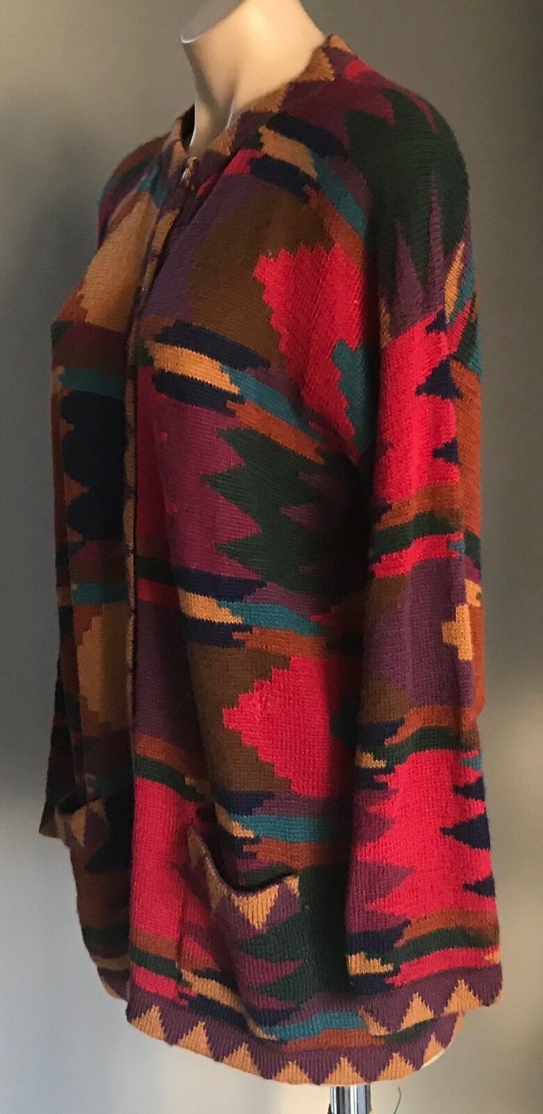 CARDIGAN Multi Colour Geometric Print Long Sleeve Sweater Size 14 16 Vintage