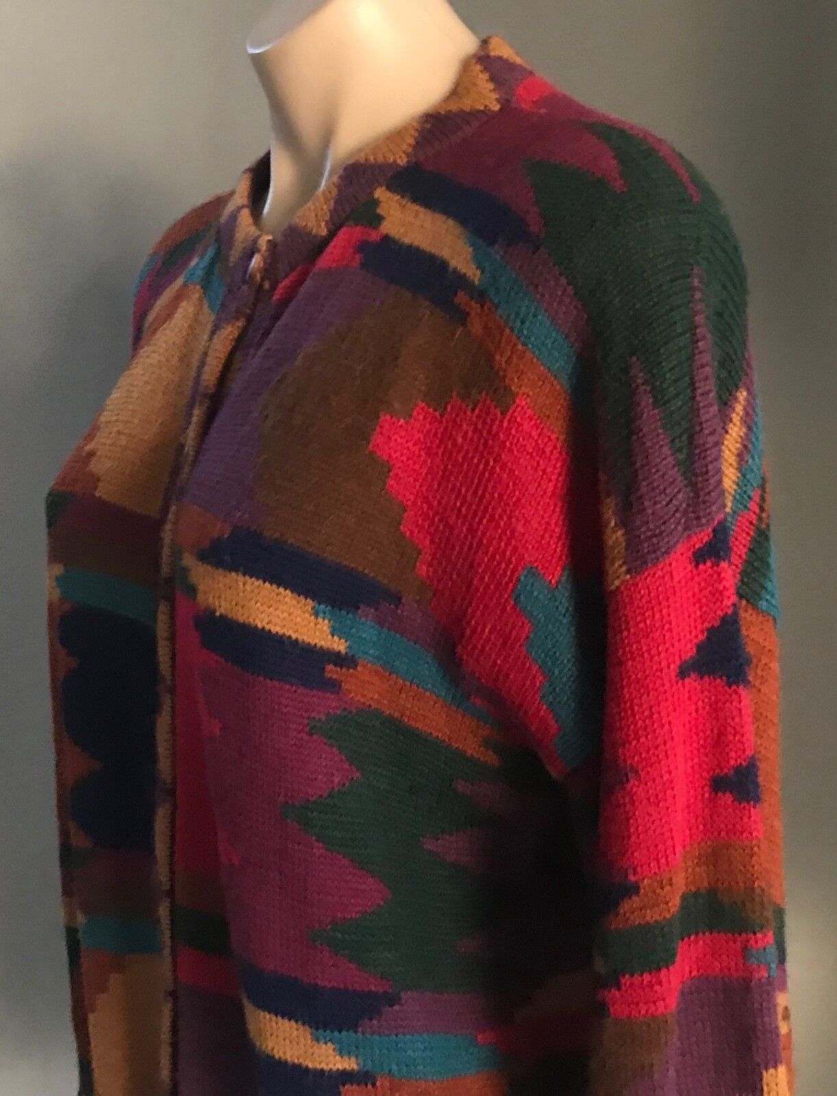 CARDIGAN Multi Colour Geometric Print Long Sleeve Sweater Size 14 16 Vintage