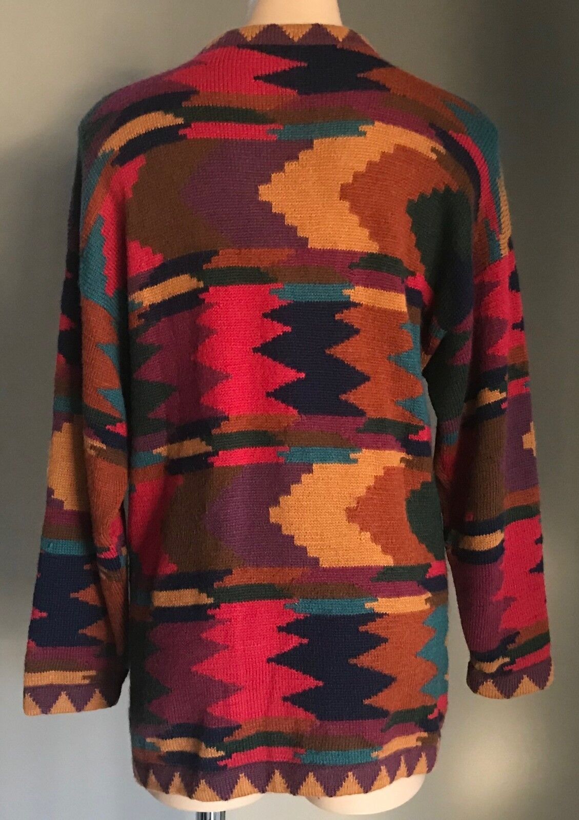 CARDIGAN Multi Colour Geometric Print Long Sleeve Sweater Size 14 16 Vintage