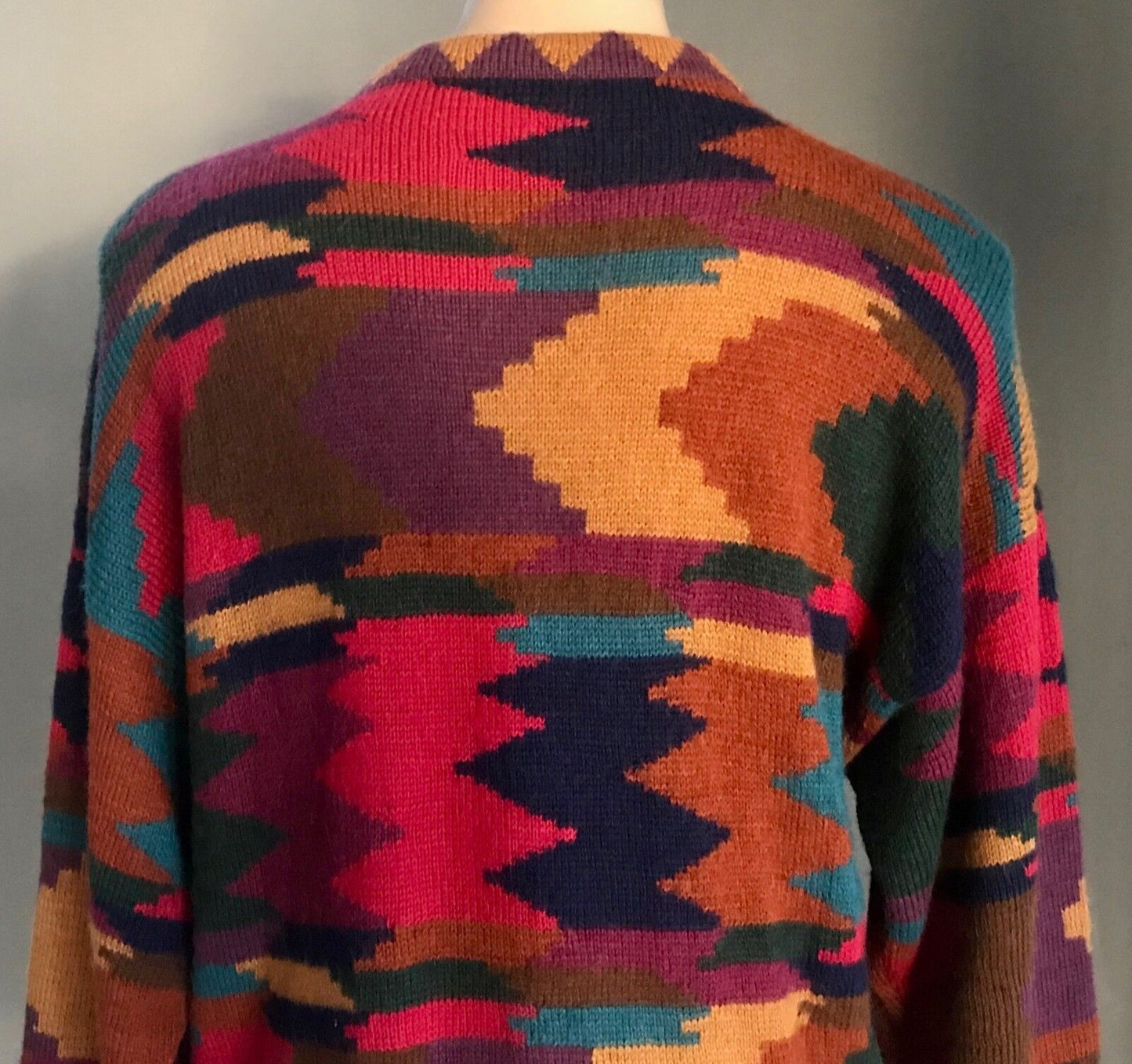 CARDIGAN Multi Colour Geometric Print Long Sleeve Sweater Size 14 16 Vintage