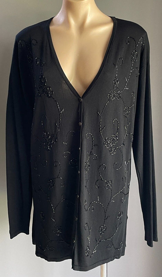 2U DESIGNS Black Long Sleeve Cardigan with Black Bead Embellishments Size 14 16