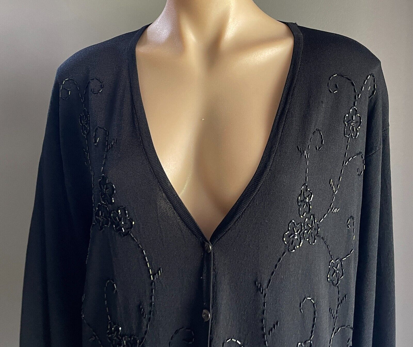 2U DESIGNS Black Long Sleeve Cardigan with Black Bead Embellishments Size 14 16