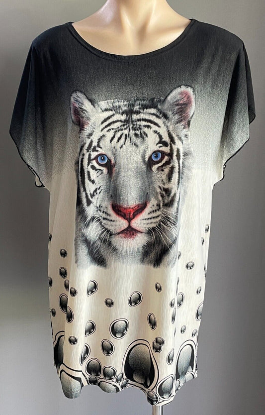 LI REN JUN Top Black White Tiger Face Extended Sleeve Stretch Tunic Size 16