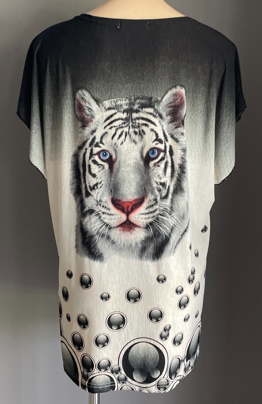 LI REN JUN Top Black White Tiger Face Extended Sleeve Stretch Tunic Size 16
