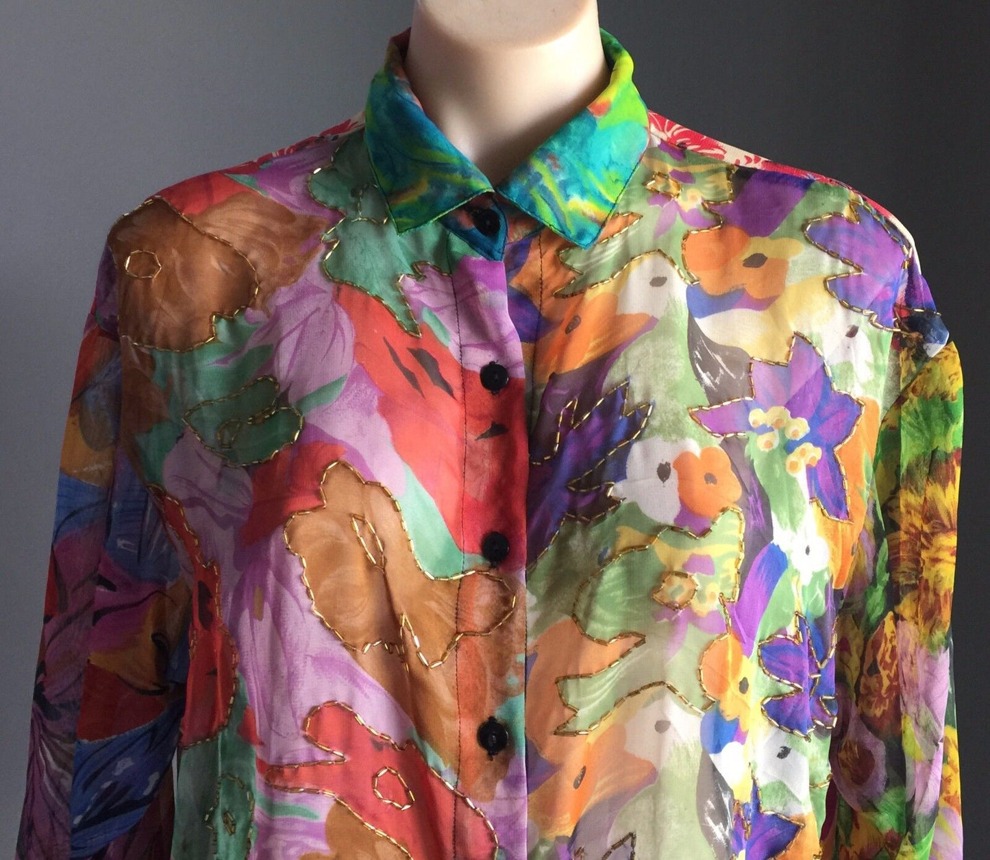 SEBATU Shirt Button Front Colourful Floral Sheer Long Sleeve Boho One Size 12 16