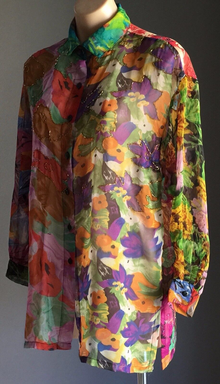 SEBATU Shirt Button Front Colourful Floral Sheer Long Sleeve Boho One Size 12 16