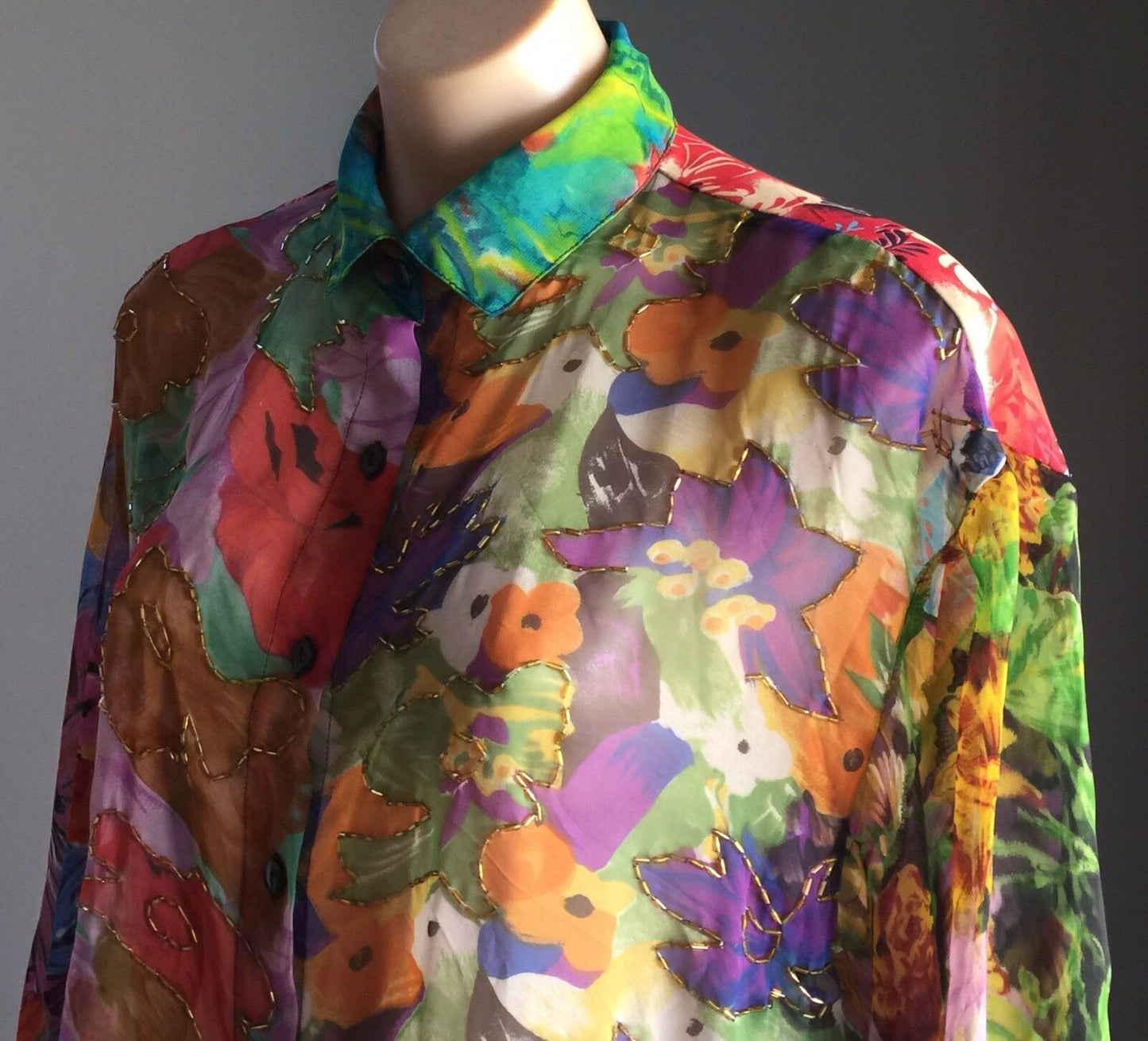 SEBATU Shirt Button Front Colourful Floral Sheer Long Sleeve Boho One Size 12 16