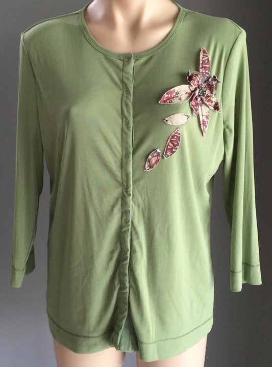 NZ VERGE Cardigan Long Sleeve Stretch Sage Green Bejewelled Women Size 12 14 NEW