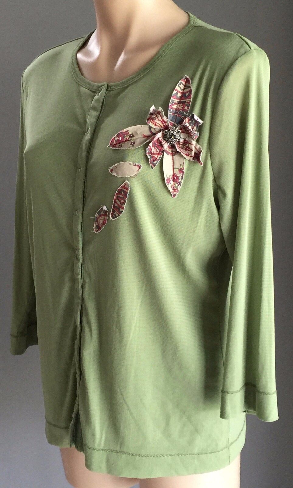NZ VERGE Cardigan Long Sleeve Stretch Sage Green Bejewelled Women Size 12 14 NEW