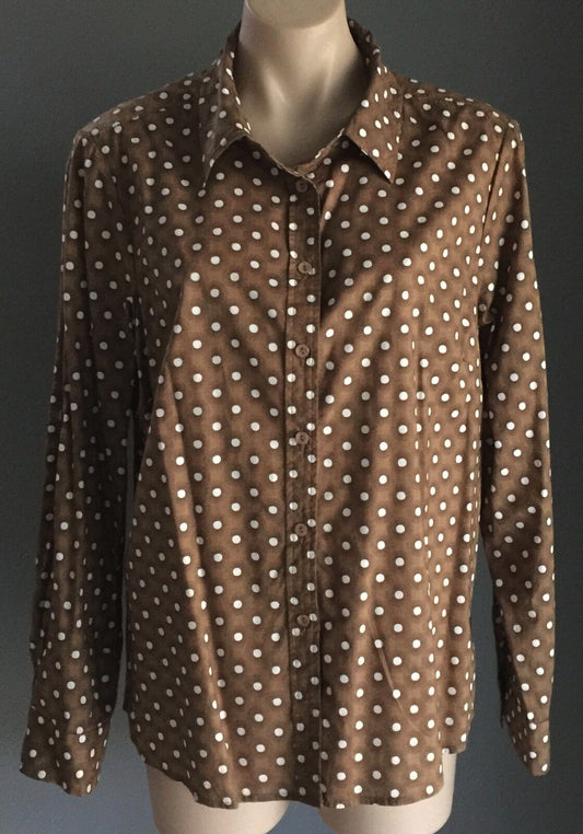 AGENDA Shirt Cotton Brown White Black Polka Long Sleeve Top 16 1950s Vibe NEW