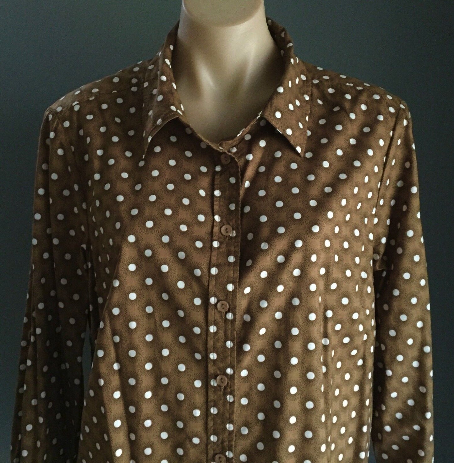 AGENDA Shirt Cotton Brown White Black Polka Long Sleeve Top 16 1950s Vibe NEW