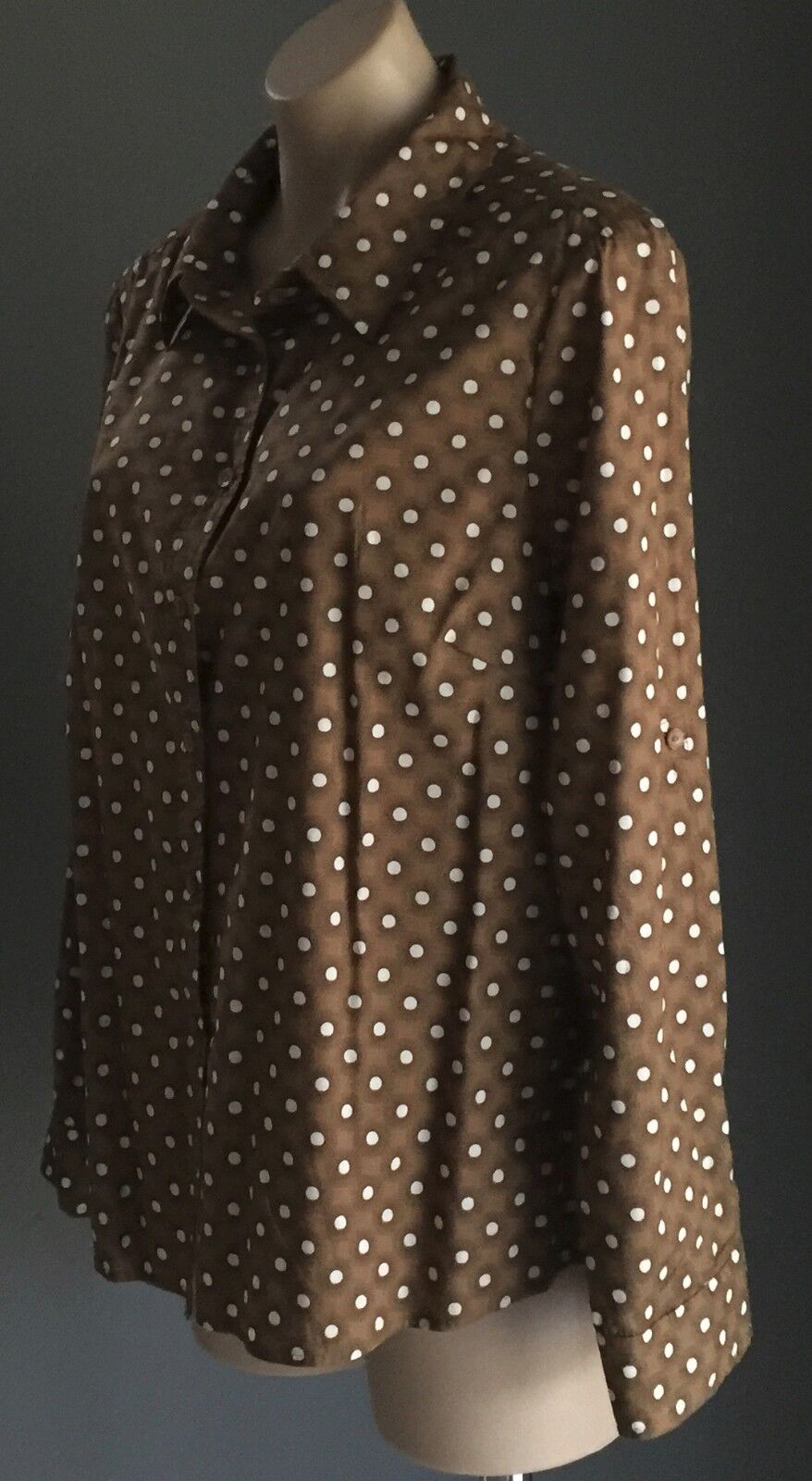 AGENDA Shirt Cotton Brown White Black Polka Long Sleeve Top 16 1950s Vibe NEW