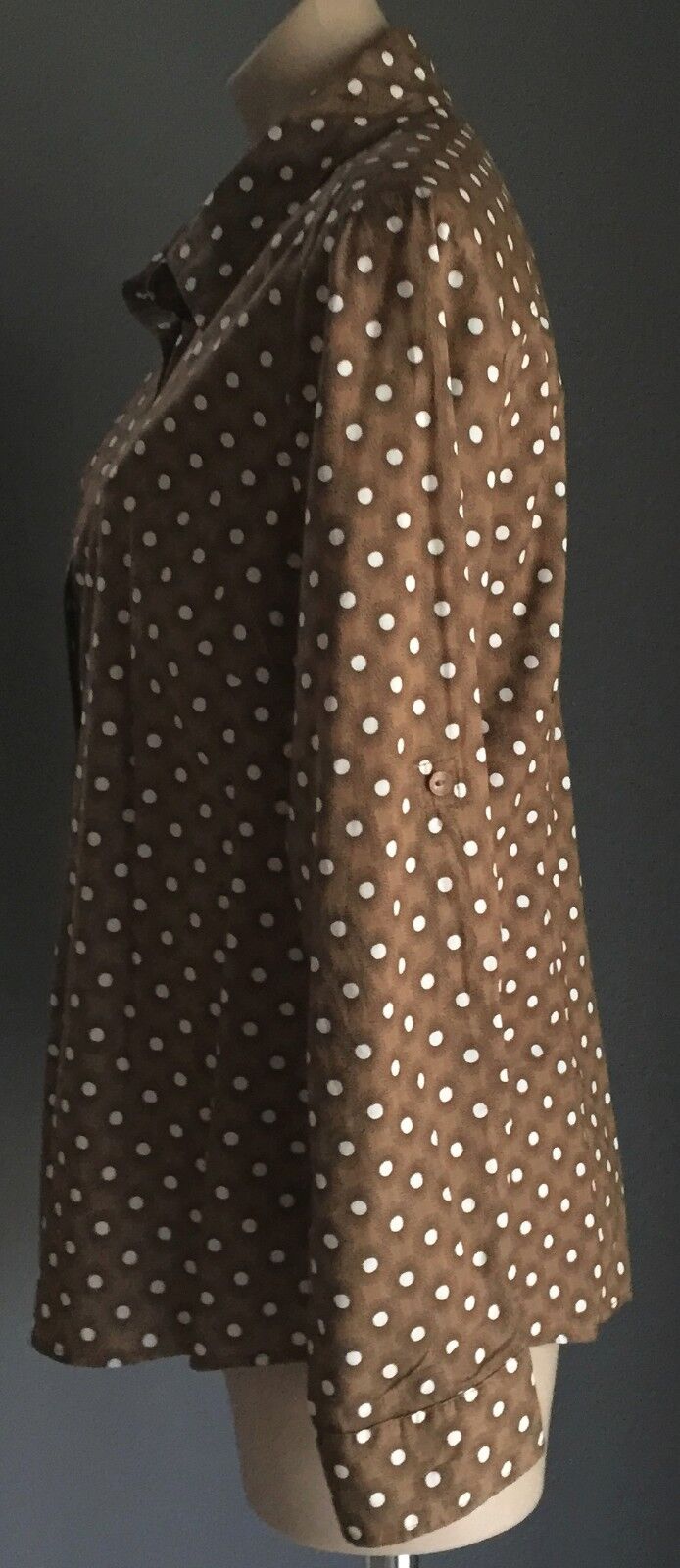 AGENDA Shirt Cotton Brown White Black Polka Long Sleeve Top 16 1950s Vibe NEW