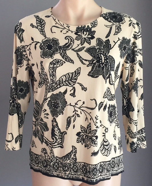 Stretch Top Cream & Black Floral Print 3/4 Sleeve Ladies Size S 10 - 12 Retro