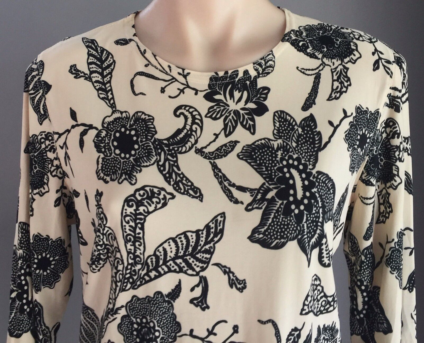 Stretch Top Cream & Black Floral Print 3/4 Sleeve Ladies Size S 10 - 12 Retro