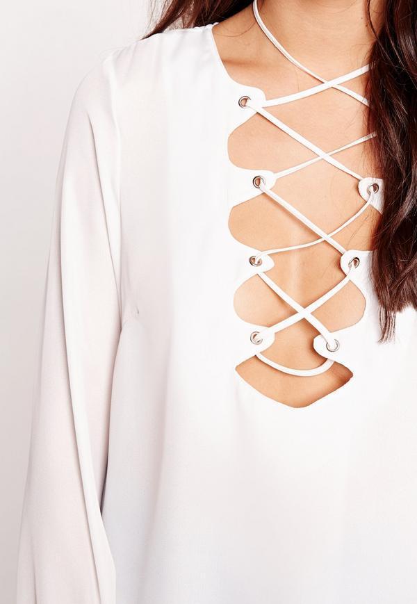 HE DOESN'T KNOW WHY? Top "Scallop Lattice Blouse" White Long Sleeve Size 12 NEW