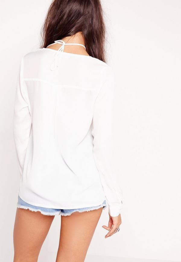 HE DOESN'T KNOW WHY? Top "Scallop Lattice Blouse" White Long Sleeve Size 12 NEW