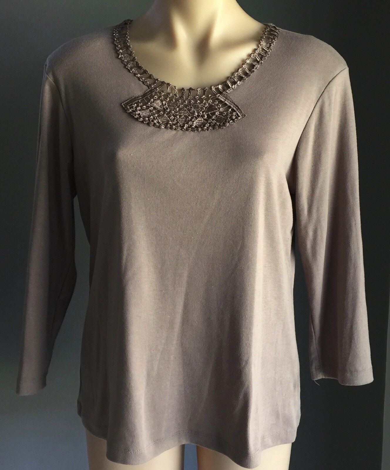 NONI B Top Brown Embellished Stretchy 3/4 Sleeve Blouse Ladies Size M 12 Stylish