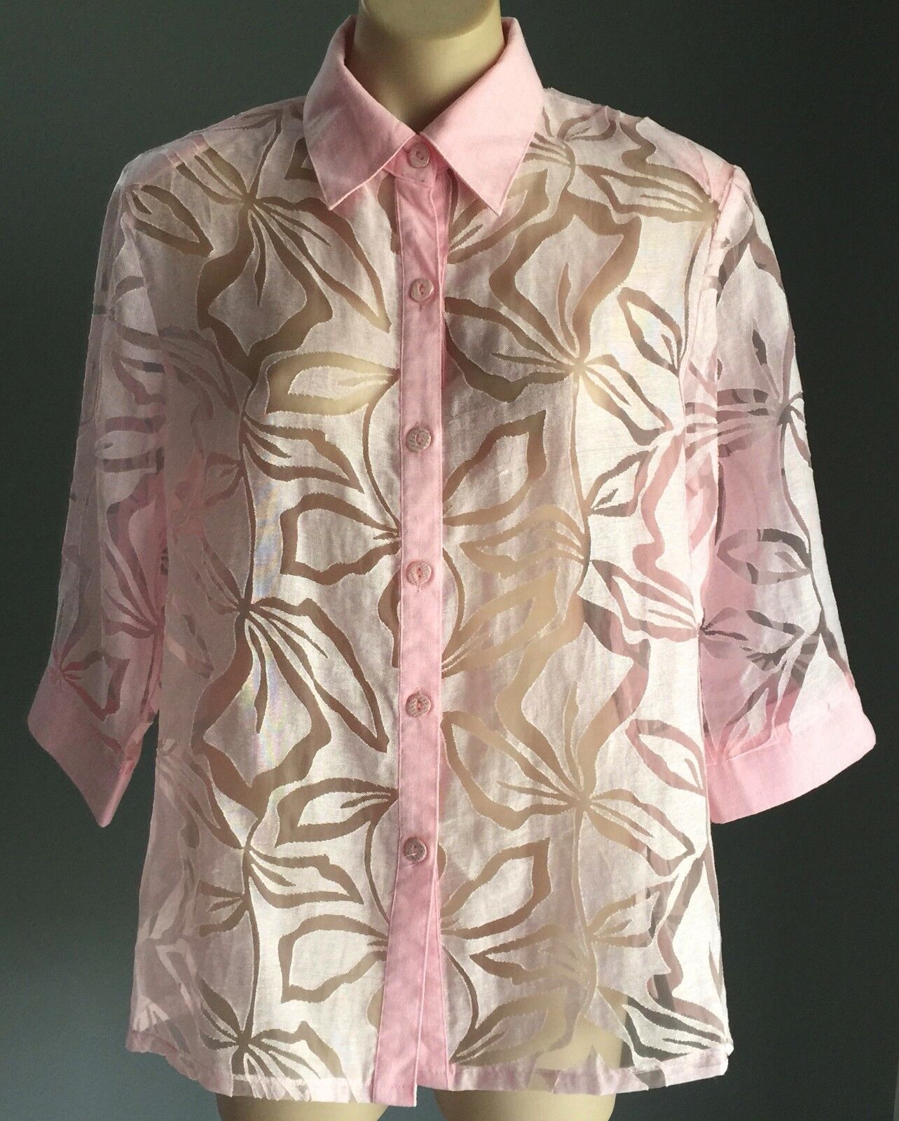 MEMBER Button Up Shirt Pink & Sheer Organza Floral 3/4 Sleeve Top Sz 10 12 Retro
