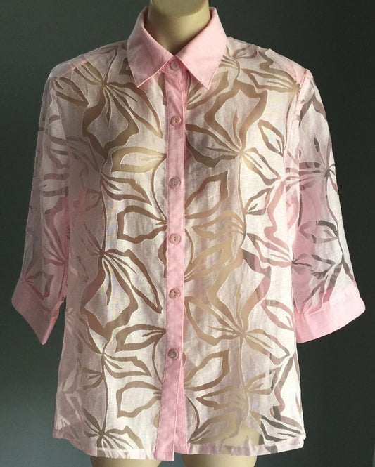 MEMBER Button Up Shirt Pink & Sheer Organza Floral 3/4 Sleeve Top Sz 10 12 Retro