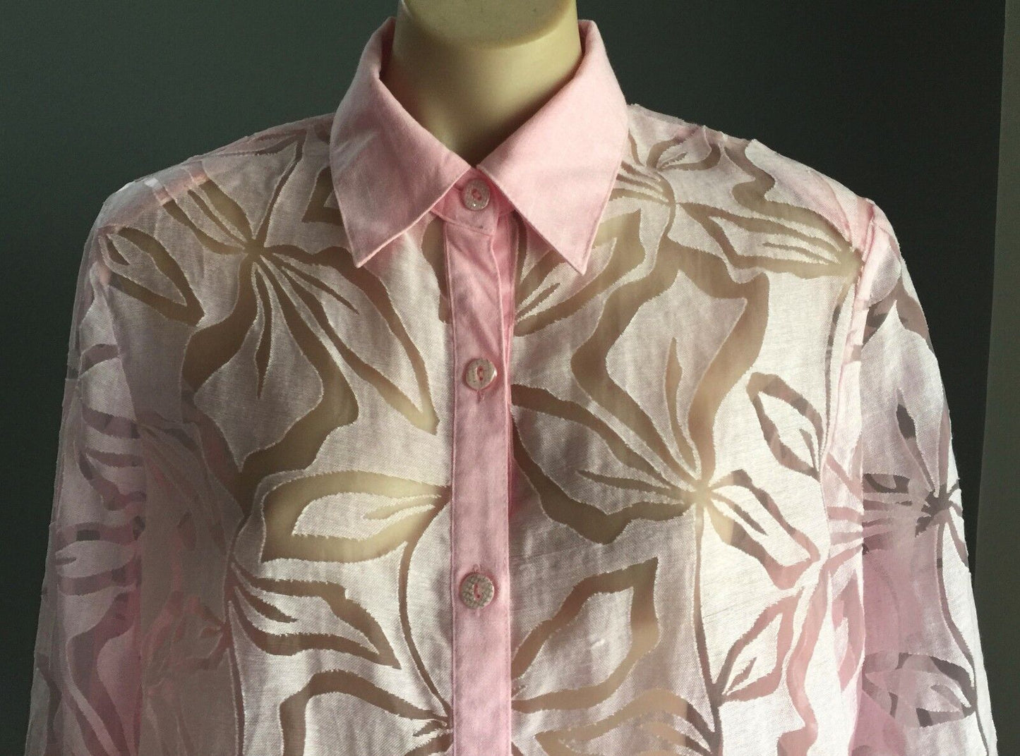 MEMBER Button Up Shirt Pink & Sheer Organza Floral 3/4 Sleeve Top Sz 10 12 Retro