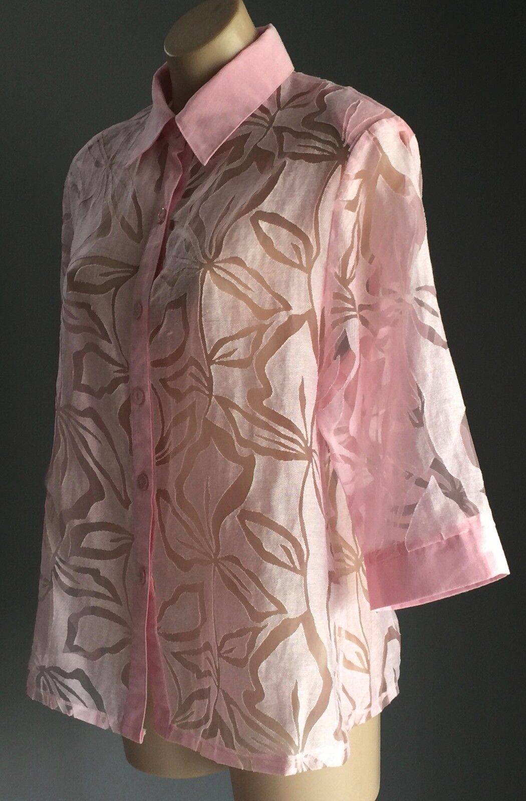 MEMBER Button Up Shirt Pink & Sheer Organza Floral 3/4 Sleeve Top Sz 10 12 Retro