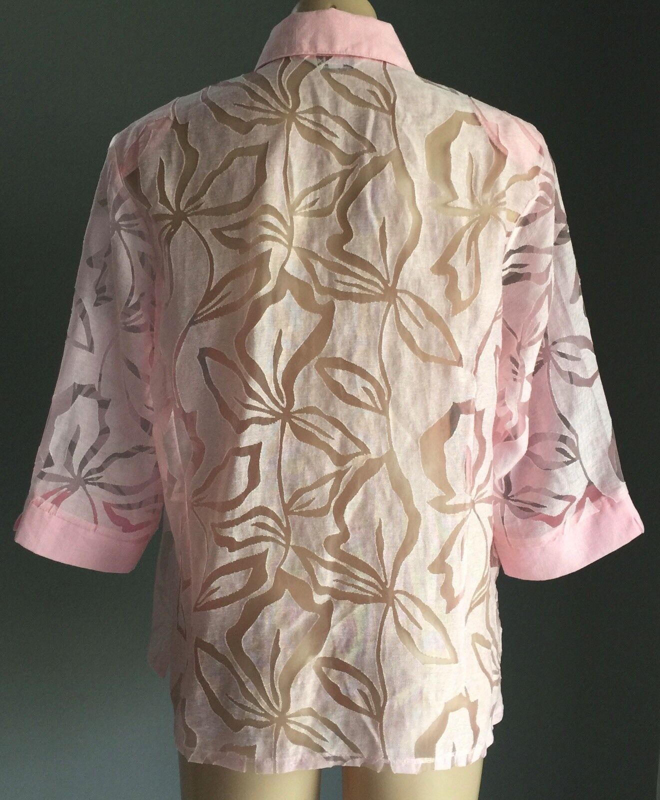 MEMBER Button Up Shirt Pink & Sheer Organza Floral 3/4 Sleeve Top Sz 10 12 Retro