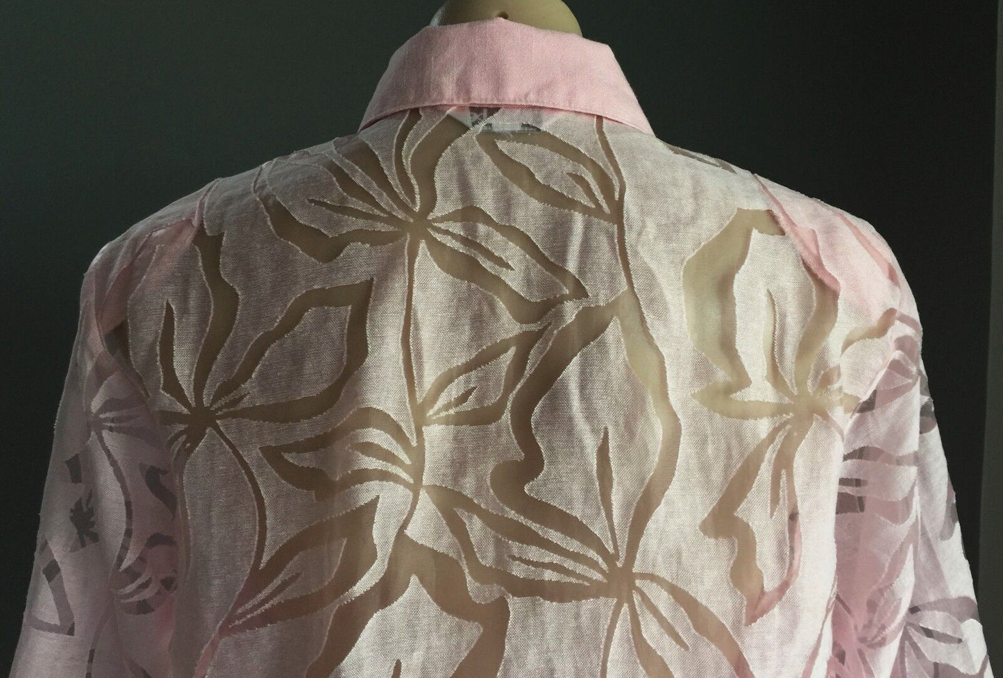 MEMBER Button Up Shirt Pink & Sheer Organza Floral 3/4 Sleeve Top Sz 10 12 Retro