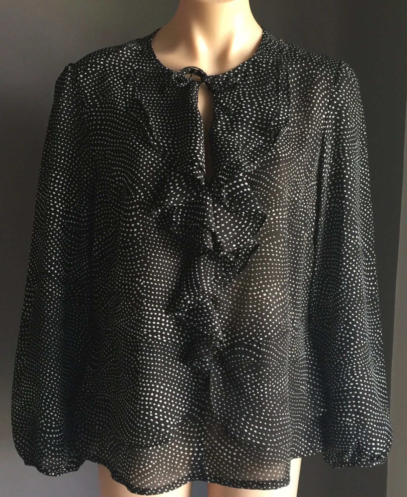 LIZ JORDAN Top Frilled Long Sleeve Sheer Black & White Polka Dot Size 12