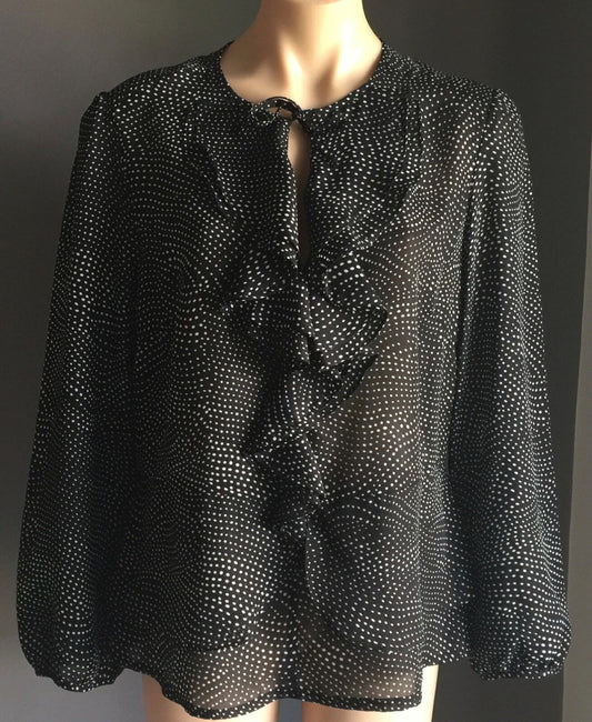 LIZ JORDAN Top Frilled Long Sleeve Sheer Black & White Polka Dot Size 12