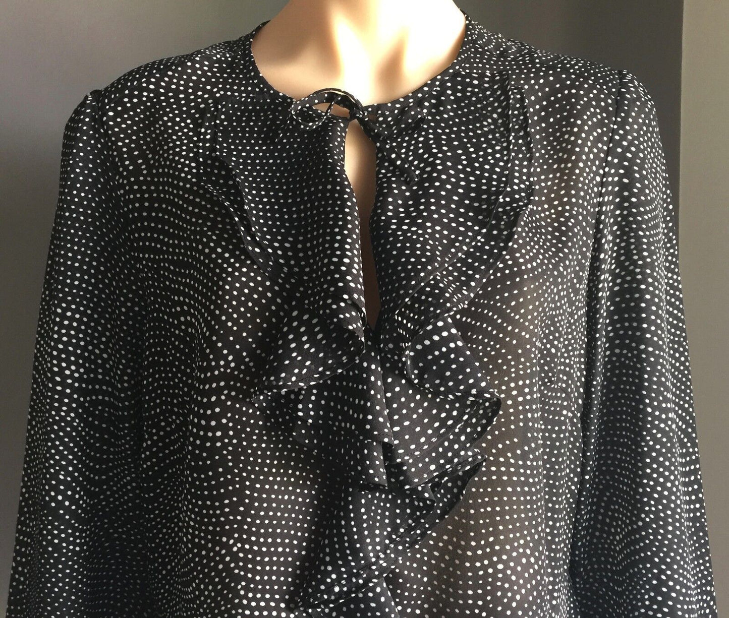 LIZ JORDAN Top Frilled Long Sleeve Sheer Black & White Polka Dot Size 12