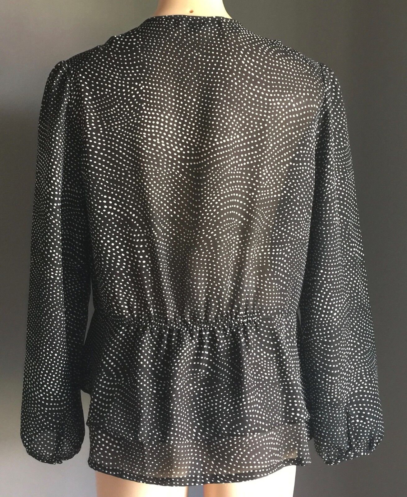LIZ JORDAN Top Frilled Long Sleeve Sheer Black & White Polka Dot Size 12