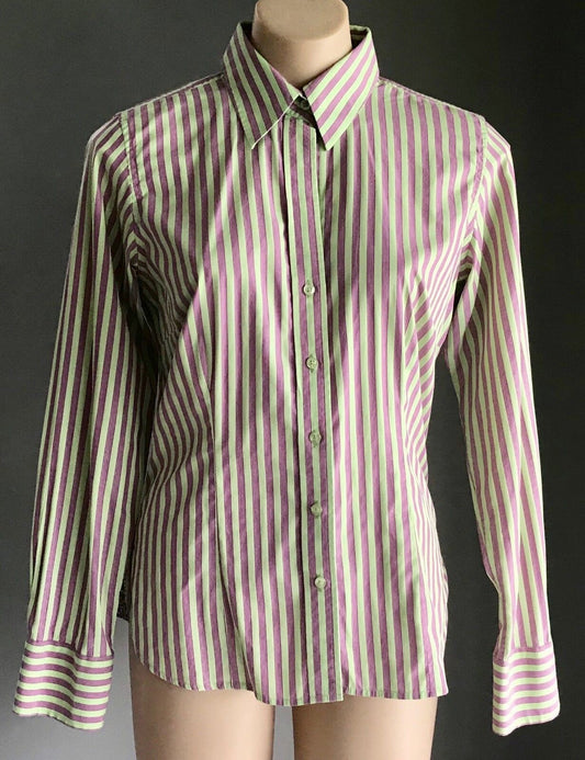 THOMAS PINK Top Long Sleeve Shirt Green & Magenta Stripe Ladies Size 12